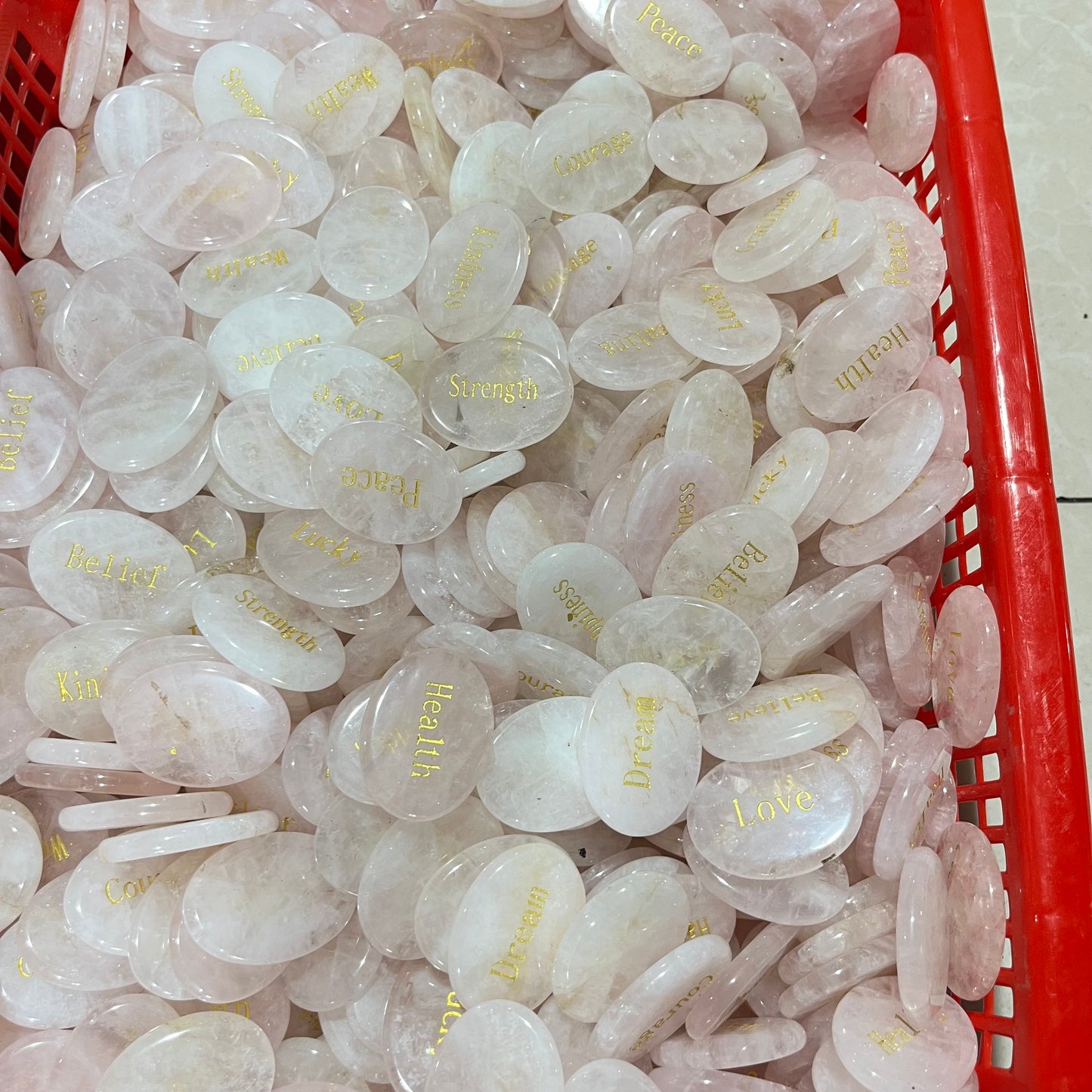 Rose quartz printed palm stone 40mm, price by kg