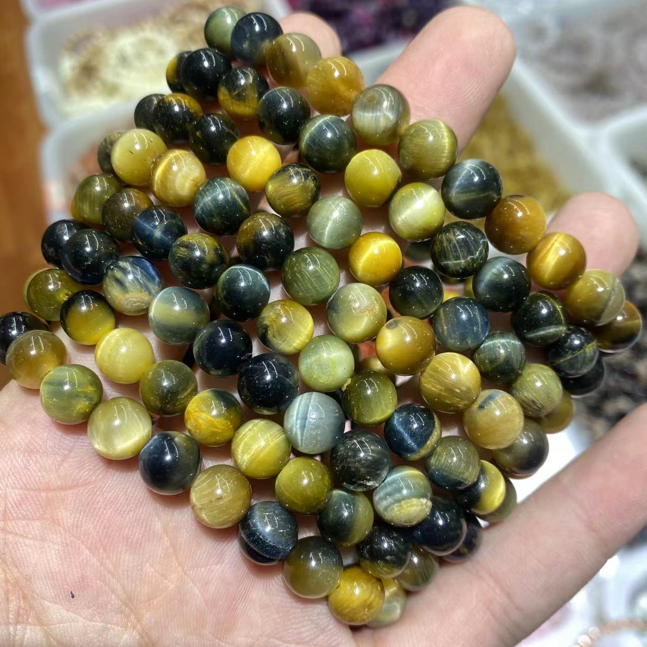 Blua kaj Ora Tigra Okulo Ŝtona Brakringo 8mm